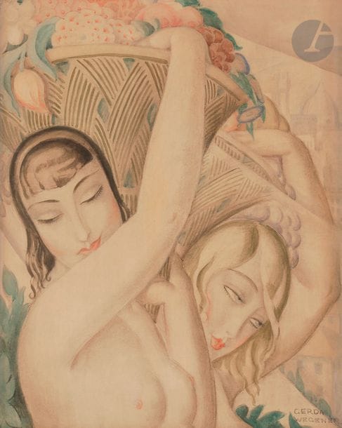 Gerda WEGENER (1885-1940)
Femmes aux paniers de fruits, vers 1924
Aquarelle sur traits de crayon.
Signée en bas à droite.
58 x 48 cm