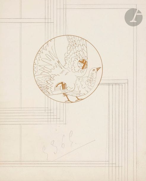 François-Louis SCHMIED (1873-1941)
Projet de reliure
Peinture or et mine de plomb.
Non signée.
28 x 22.5 cm

Étude exécutée pour la maison Gruel, relieur à Paris.
