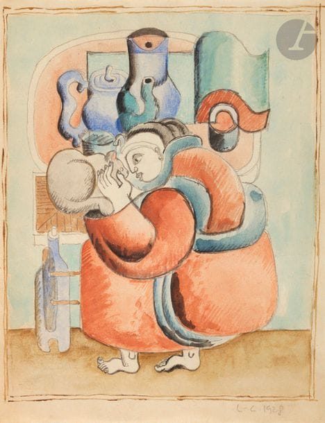 Charles-Édouard JEANNERET dit LE CORBUSIER (1887-1965)
Yvonne caressant son chat, 1928
Aquarelle.
Monogrammée et datée en bas à droite.
27 x 21 cm

Provenance : 
- Famille d'un collaborateur de Le Corbusier au 35 rue de Sèvres. Par descendance.
- Collection particulière, Paris.

Une attestation de Monsieur éric Mouchet sera remise à l'acquéreur.