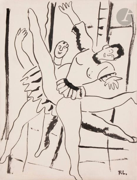 Fernand LÉGER (1881-1955)
Etude pour la ville (Opéra) les deux danseurs
Gouache et encre de Chine.
Porte le timbre de l'atelier en bas à droite.
41 x 31 cm

Provenance : 
Galerie Gilbert et Paul Pétridès, Paris (étiquette au dos).

Bibliographie : 
Cirque, texte et illustrations de Fernand Léger, édition Musée National Fernand Léger, reproduit.

Cette oeuvre sera incluse dans le Répertoire des oeuvres sur papier de Fernand Léger en préparation par Madame Irus Hansma.
Une attestation de Madame Irus Hansma en date du 15 décembre 2013 sera remise à l'acquéreur.