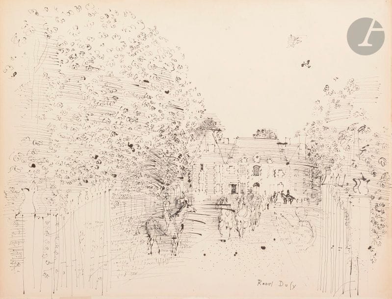 Raoul DUFY (1877-1953)
Le Départ des cavaliers
Encre de Chine
Signée en bas à droite.
50.5 x 66 cm