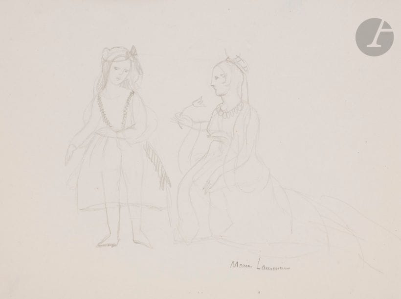 Marie LAURENCIN (1885-1956)
Alice et la reine, 1930
Mine de plomb sur vélin.
Signée en bas vers la droite.
21 x 27.2 cm

Provenance : 
Collection H.-M. Petiet (Lugt 5031).

Notre dessin est une étude pour l'illustration du livre de Lewis Carroll, Alice au pays des merveilles, aux éditions Black Sun Press, Paris 1930, ouvrage illustré de 6 lithographies de Marie Laurencin, tiré à 350 exemplaires.
