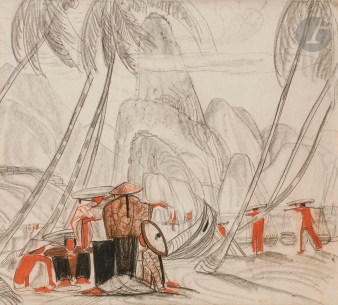 André MAIRE (1898-1984)
Vietnam, femmes dans la baie d'Halong
Sanguine et fusain.
Non signé.
49 x 52 cm

Certifié par la fille de l'artiste au dos.