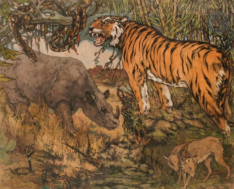 Édouard Louis HENRY-BAUDOT (1871-1953)
Les Animaux sauvages
Gouache.
Signée en bas à droite.
(Déchirures et plis)
72 x 89 cm