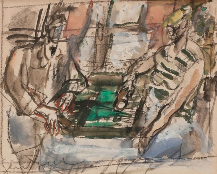 GEN-PAUL (1895-1975)
Joueurs de jacquet, vers 1935
Fusain, lavis d'encre et gouache.
Signée en bas à gauche.
20 x 25 cm