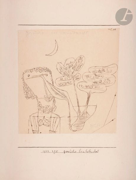 Paul KLEE (1879-1940)
Gerüche beim Halben Mond, 1924-25
Encre sur papier monté sur carton.
Signé en haut à droite.
Datée et titrée en pied.
12.1 x 11.5 cm

Provenance : 
- Lily Klee, Berne (1940-1946)
- Klee-Gesellschaft, Berne (1946-1950).
- Curt Valentin (Buchholz Gallery ; Valentin Gallery), Berlin/New York (après 1950).
- G. David Thompson, Pittsburgh (jusqu'en 1960).
- Galerie Beyeler, Bâle (1960-1964).
- Galerie Suzanne Bollag, Zürich (après 1964).
- Vente Kornfeld & Klipstein, 27-29 mai 1964, n° 620.
- Collection particulière, Espagne.
- Collection particulière, France.

Expositions (voir : Catalogue Raisonné) : 
- New York, 1951, n° 28.
- Londres, 1953, n° 20.
- Hanovre, 1954, n° 20.
- Berlin, 1954, n° 20.
Zürich, Düsseldorf, Den Haag, 1960-1961, n° 76.
- Bâle, 1963, n° 23.

Bibliographie : 
- Will Grohmann, 1934a, n° 103 (voir : Catalogue Raisonné).
- Paul Klee : Catalogue Raisonné, Volume 4 : 1923-1926, Paul Klee Foundation, Museum of Fine Art, Berne, Londres, Thames and Hudson, 1998-2004, n° 3668, reproduit.