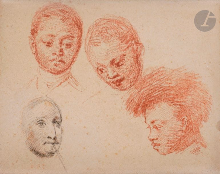 École FRANÇAISE du XVIIIe siècle
Feuille d'étude avec quatre études de têtes d'après Watteau (trois d'un jeune africain, et un autre fumant)
Sanguine et crayon noir.
Dans un cadre ancien.
(Quelques rousseurs, dessin doublé, petites pliures).
17 x 21 cm