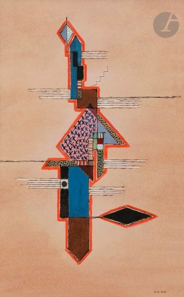 Henrik Neugeboren dit Henri NOUVEAU (1901-1959)
Bunt aufrecht, 1945
Encre, gouache et aquarelle.
Monogrammée et datée en bas à droite.
Monogrammée, datée et située au dos.
Porte le timbre de la succession au dos.
40.5 x 25.5 cm

Provenance : 
- Galerie Michel Couturier & Cie, Paris (étiquette au dos). 
- Kaplan Gallery, Londres (étiquette au dos).