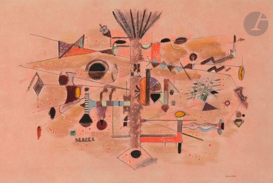Henrik Neugeboren dit Henri NOUVEAU (1901-1959)
Composition, 1945
Crayon, gouache et aquarelle.
Monogrammé et daté en bas à droite.
Monogrammé, daté et situé au dos.
29 x 41.5 cm