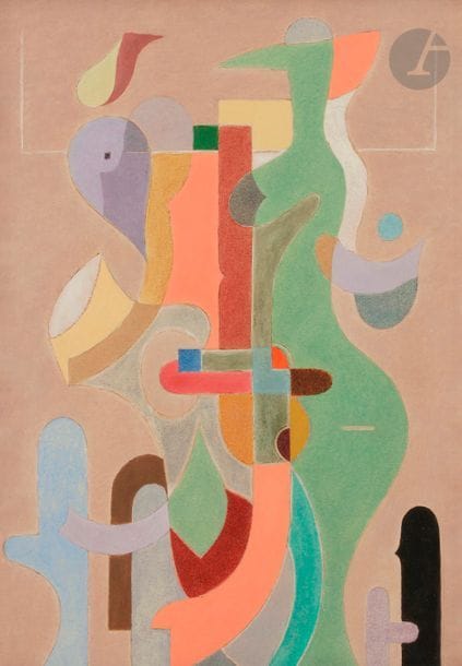 Henrik Neugeboren dit Henri NOUVEAU (1901-1959)
Soi-disant, 1951
Technique mixte.
Monogrammée, datée, titrée et située au dos.
Porte le timbre de la succession au dos.
44.5 x 31 cm

Provenance : 
Galerie Michel Couturier & Cie, Paris (étiquette au dos).