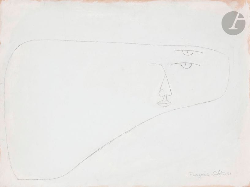 Françoise GILOT (née en 1921)
Tête volante, 1948
Fusain sur fond de gouache blanche.
Signée et datée en bas à droite.
Signée, datée, titrée et annotée au dos.
50 x 65 cm