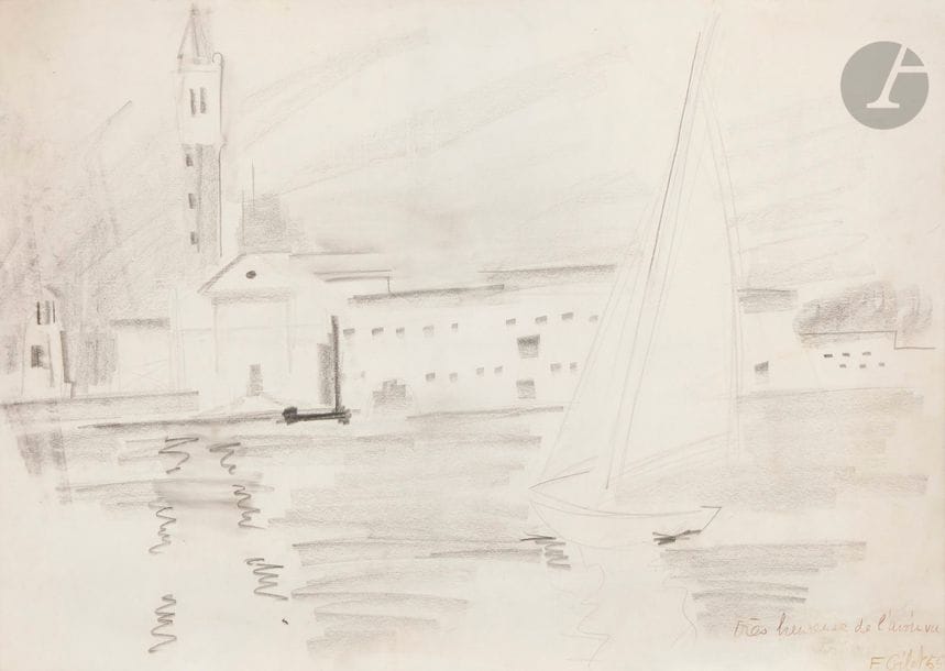 Françoise GILOT (née en 1921)
Paysage au voilier, 1955
Crayon noir et estompe.
Signé, daté et dédicacé en bas à droite.
32 x 48 cm