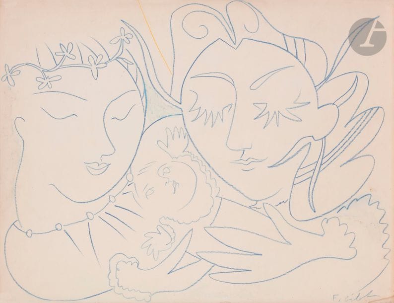 Françoise GILOT (née en 1921)
Bienvenue à la gentille Arielle, 1958
Crayon bleu.
Signé en bas à droite.
Signé, daté et annoté au dos.
50 x 64 cm
