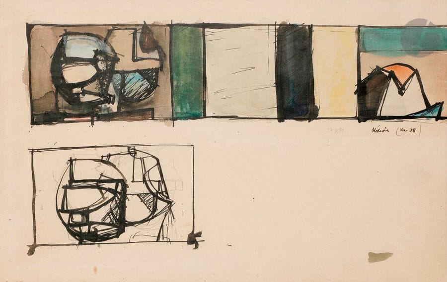 Jean HÉLION (1904-1987)
Étude, 1938
Encre et aquarelle.
Signée et datée sur la droite.
26 x 38 cm