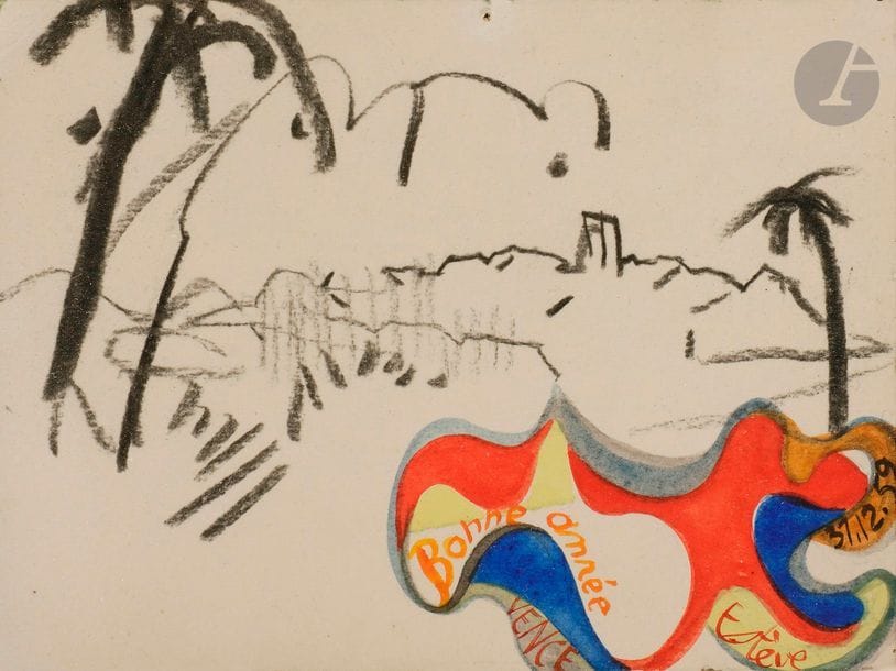 Maurice ESTÈVE (1904-2001)
Bonne année 59, 1959
Aquarelle et fusain.
Signée, datée et située " Vence " dans la composition.
10.5 x 14 cm