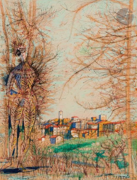 Jean CARZOU (1907-2000)
Homme masqué dans un paysage, 1958
Encre et aquarelle.
Signée et datée en bas à droite.
62.5 x 48.5 cm

Cette œuvre est à mettre en relation avec une lithographie de Jean Carzou créée pour servir d'affiche à la ville de Vence (voir : Catalogue de l'œuvre gravé et lithographié de Carzou, Tome I, n° 54, éditions de Francony, 1971).

Nous remercions Monsieur Jean-Marie Carzou pour les informations qu'il nous a transmises.