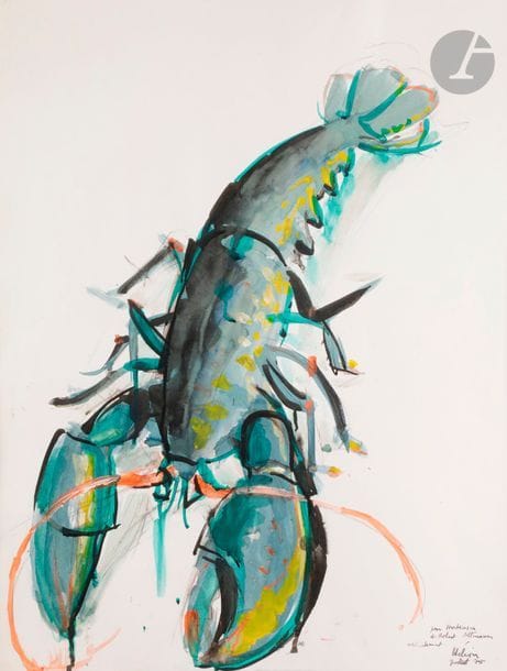 Jean HÉLION (1904-1987)
Homard, 1975
Aquarelle et gouache.
Signée, datée et dédicacée en bas à droite.
64 x 49.5 cm

Il s'agit probablement d'une étude pour le tableau Homard aux Pommes, 1975, reproduit p. 254 et 336 in Henri-Claude Cousseau, Hélion, éditions du Regard, 1992.