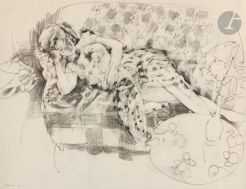 Raymond LEGUEULT (1898-1971)
Jeune femme au divan, 1962
Fusain.
Signé et daté en bas à gauche.
42 x 54 cm