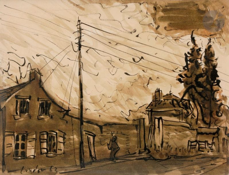Henri LANDIER (né en 1935)
Rue animée, 1963
Encre et lavis d'encre.
Signée et datée en bas à gauche.
26 x 34.5 cm