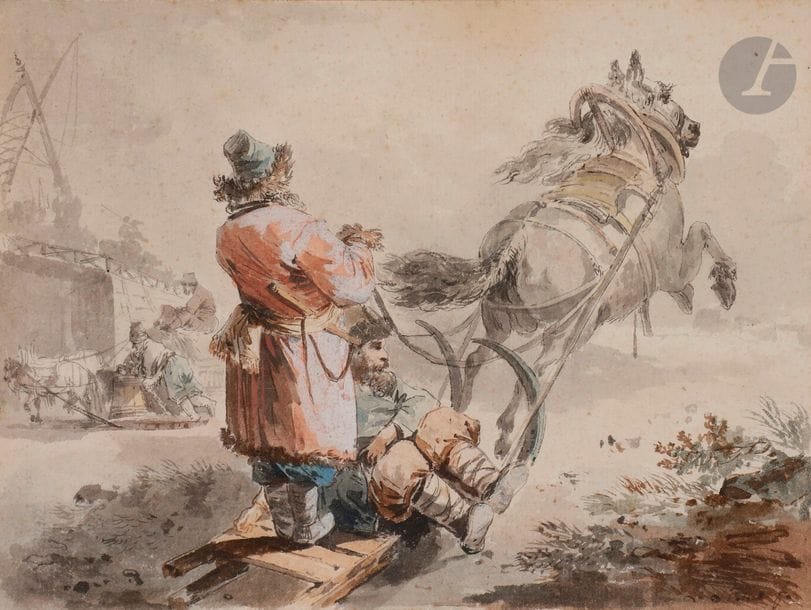 Atelier de Jean Baptiste LE PRINCE 
(1734-1781)
Le Traineau russe
Aquarelle gouachée, plume et encre noire lavis gris.
Annoté " le Prince fe " en bas à droite.
(Dessin doublé, petites taches).
18 x 24 cm