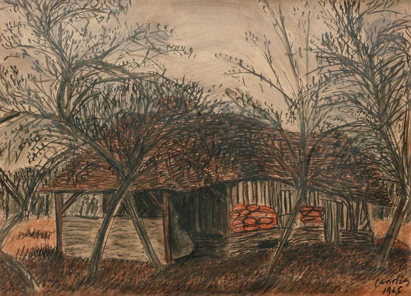 Henri LANDIER (né en 1935)
Maison sous les arbres, Saint-Pierre des Ifs, 1965
Lavis d'encre, sanguine et crayon gras.
Signé et daté en bas à droite.
49 x 64 cm