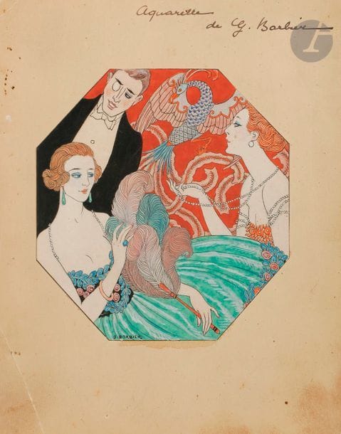 Georges BARBIER (1882-1932)
En soirée
Encre et aquarelle sur papier octogonal.
Signée en bas à gauche.
13 x 13 cm