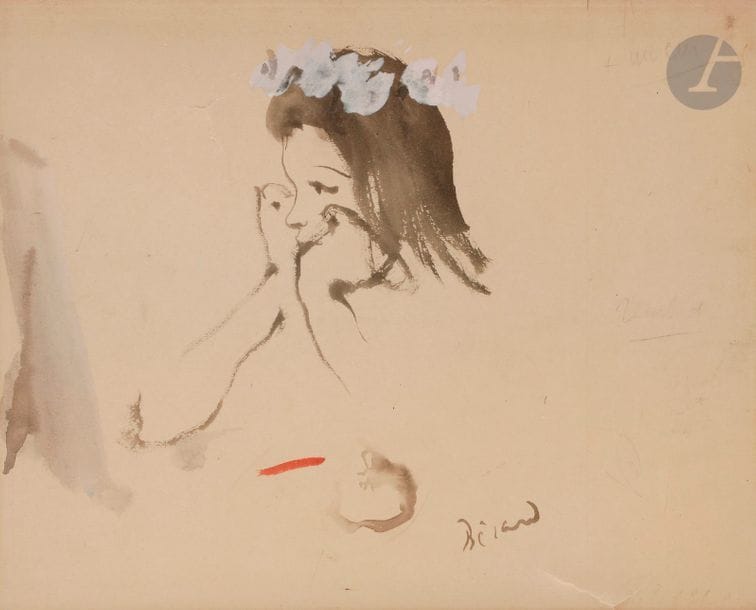 Christian BÉRARD (1902-1949)
Jeune fille à la couronne de fleurs, 1946
Lavis d'encre et gouache.
Signé en bas à droite.
(Fracture du papier).
25 x 31 cm

Il s'agit du dessin original de la couverture du programme n° 2 de mars 1946 des Ballets des Champs-élysées dirigés par Boris Kochno. La couverture de ce programme a été tirée à 3500 exemplaires. Les pièces représentées au cours de cette saison sont Les amours de Jupiter, Concert de danses, La Fiancée du diable, Los Caprichos, Les Forains, Le Déjeuner sur l'herbe, La Forêt, Le Spectre de la Rose, Jeu de cartes et Le Rendez-vous.