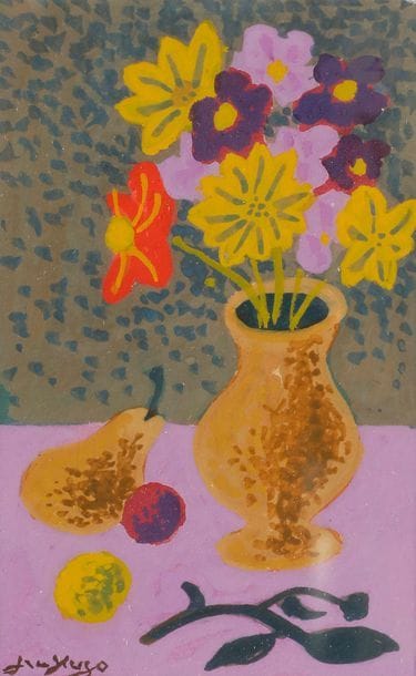 Jean HUGO (1894-1984)
Dahlias, poire et prune, 1977
Gouache.
Signée en bas à gauche.
8 x 5 cm