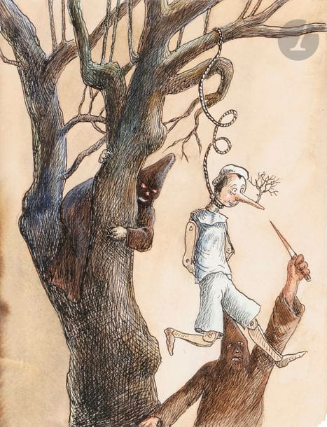 Roland TOPOR (1938-1997)
Pinocchio, 1995
Encre et aquarelle.
21 x 16 cm

Bibliographie : 
Carlo Collodi et Roland Topor, Les Aventures de Pinocchio, Paris, éditions Autrement, 1995, reproduit p. 57.
