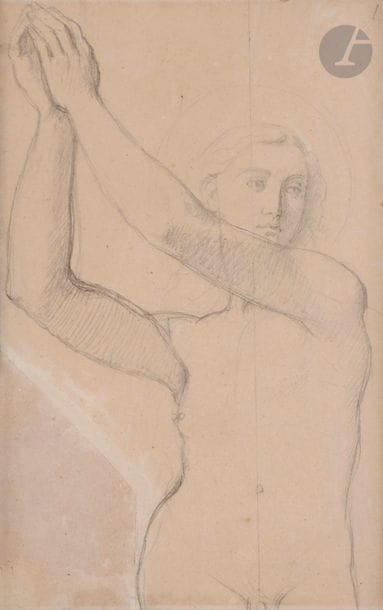Jean-Auguste-Dominique INGRES (1780-1867)
Étude pour l'archange Raphaël de la chapelle Saint-Ferdinand à Paris
Crayon noir.
(Morceau de papier ajouté (4,5 x 7,5 cm) dans l'angle inférieur gauche, coin manquant en bas à gauche).
(Légèrement insolé, petites taches). 
Ancienne étiquette au verso " Reproduit pl.26 dans Collection de 120 dessins, croquis et peintures de monsieur Ingres, du musée du Louvre, et de l'école des Beaux-Arts, classés et mis en ordre par son ami Ed. Gatteaux, Ière série, Pars, Guerinet, s.d. ".
Annoté au verso : " Hôtel Drouot, salle n° 7, vente du 7 mars 1955, Rheims, Caillac expert ".
20.5 x 13 cm

Provenance : 
Vente anonyme, Hôtel Drouot, Paris, le 3 décembre 1958, étude Bellier, Jacques Dubourg expert, n° 88.
 Notre dessin est préparatoire pour le vitrail de l'archange saint Raphaël conservé dans la chapelle Saint-Ferdinand à Paris. On connaît plusieurs études, dont le carton conservé au musée du Louvre, ainsi que d'autres dessins préparatoires pour le vitrail dont ceux du musée de Chantilly et du musée de Montauban (voir : G. Vigne, Dessins d'Ingres, Catalogue raisonné des dessins du musée de Montauban, Gallimard, RMN, Paris, 1995, p.301, fig. 1694 et 1695 reproduit).