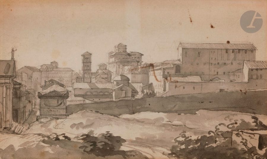François GÉRARD, dit Baron GÉRARD (1770-1837)
Vue d'une ville en Italie
Lavis gris sur traits de crayon noir.
(Petites taches dans le haut, petite déchirure en bas à gauche et encre transparaissant au verso).
18.5 x 31.5 cm