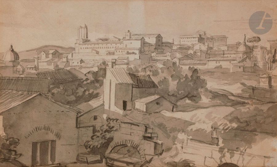 François GÉRARD, dit Baron GÉRARD 
(1770-1837)
Vue d'une ville en Italie prise d'une terrasse
Lavis gris sur traits de crayon noir.
(Angle inférieur droit abimé).
18.5 x 31.5 cm
