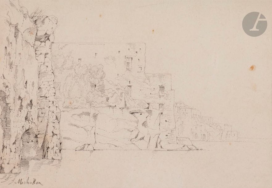 Achille-Etna MICHALLON 
(1796-1822)
Vue d'Italie, région napolitaine
Mine de plomb.
Signée en bas à gauche.
16 x 23.5 cm