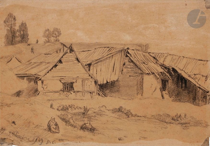 Alexandre-Gabriel DECAMPS (1803-1860)
Scène rurale, 1849
Fusain.
Signé et daté en bas à droite.
19 x 28.5 cm