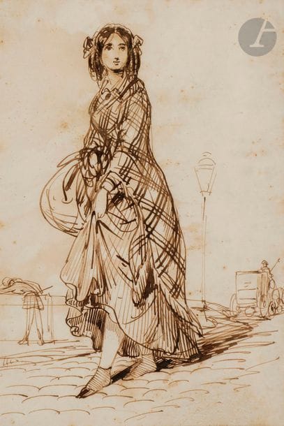 Paul GAVARNI (1804-1866)
Jeune femme sur un quai
Plume et encre brune.
15 x 10 cm