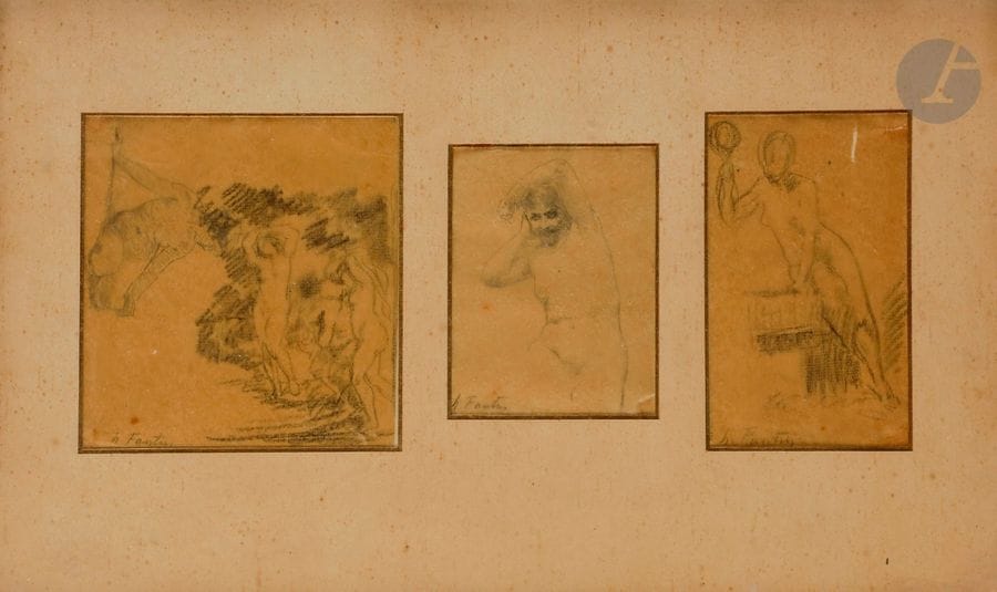 Henri FANTIN-LATOUR (1836-1904)
études de nus féminins
3 pierres noires sur papier calque dans un même montage.
Signées en bas à gauche.
(Petites déchirures et taches).
14 x 13.5 cm - 11.5 x 8.5 cm - 14 x 8.5 cm