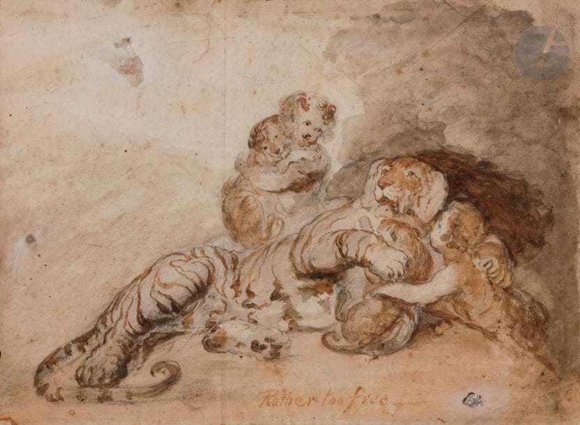 Edward LANDSEER (1802-1873)
Rather to free, enfants et félins
Lavis brun sur traits de crayon noir.
Légendé en bas au centre, annoté sur le montage " Landseer ".
Selon une indication au verso, provient de sa vente après son décès.
Cachet sec en bas au centre W. Weston ? (Lnr).
(Pliures, déchirures et taches).
22 x 30 cm