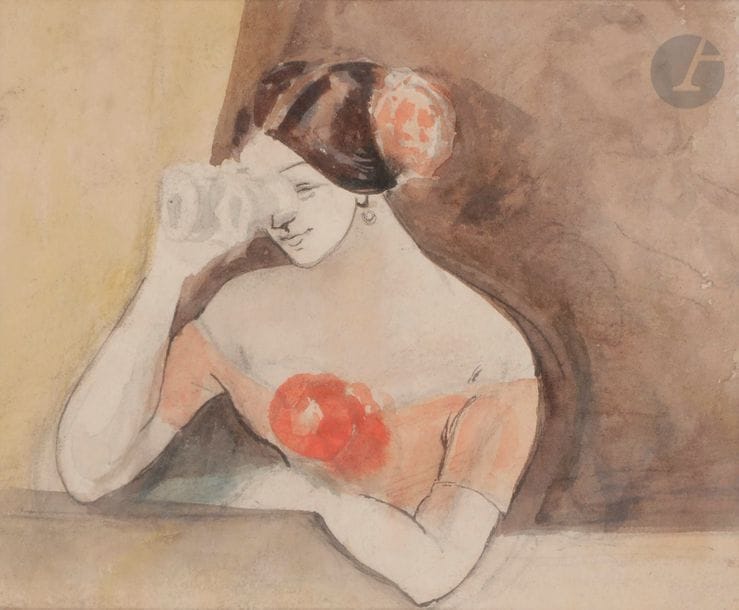 Constantin GUYS (1802-1892)
Femme dans une loge
Aquarelle, et crayon noir, plume et encre brune.
10 x 12.5 cm

Provenance :
Collection de Madame X., Boulogne.

Expositions : 
- Musée Jacquemart André, La Vie parisienne au temps de Guys, Nadar, Worth, 13 novembre - 31 décembre 1959, Musée Jacquemart-André, Paris.
- Exposition Constantin Guys, Marborough Fine art, 1956, n° 95.