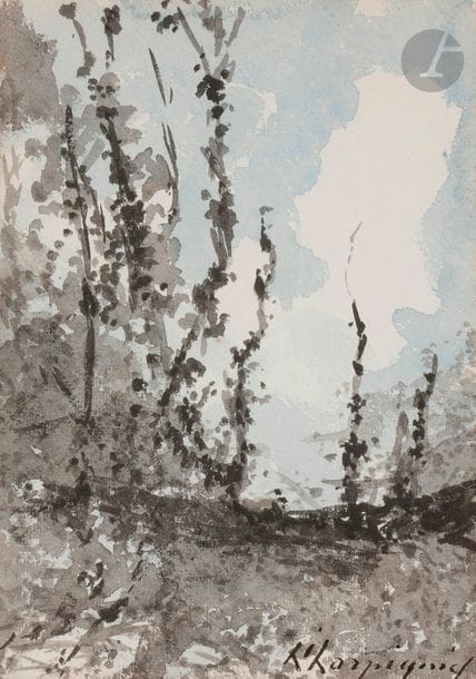 Henri Joseph HARPIGNIES (1819-1916)
Paysage boisé
Aquarelle.
Signée en bas à droite.

Cette œuvre sera incluse au Catalogue Raisonné en préparation par Monsieur Jean-Pierre Cappoen.