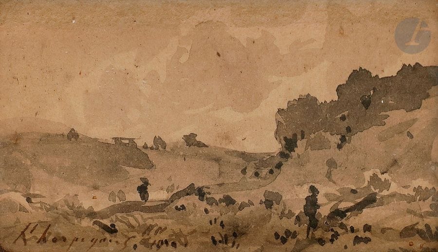 Henri Joseph HARPIGNIES (1819-1916)
Paysage animé, 1910
Encre et lavis d'encre.
Signée et datée en bas à gauche.
4.5 x 8 cm

Cette œuvre sera incluse au Catalogue Raisonné en préparation par Monsieur Jean-Pierre Cappoen.