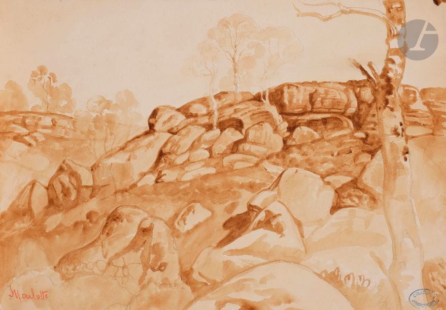 Armand POINT (1860-1932)
Paysage de Moulotte (Puy de Dôme)
Lavis brun sur traits de crayon noir
Situé en bas à gauche.
Porte le cachet de la collection Armand Point en bas à droite (Lnr).
22.5 x 34 cm