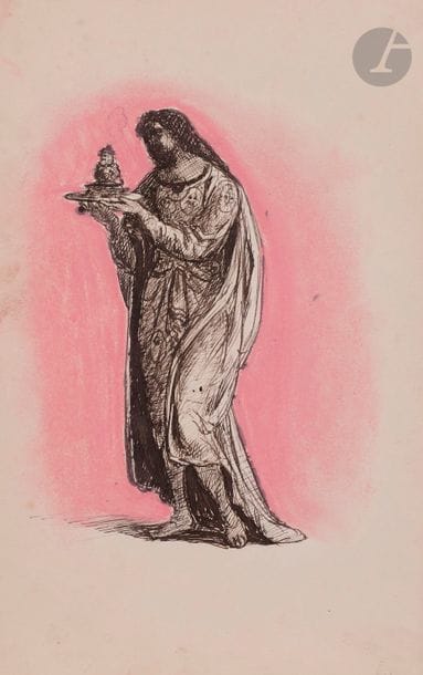 Armand POINT (1860-1932)
Femme en pied, drapée, portant un plateau
Plume et encre noire, rehauts de pastel rose.
Porte le cachet de la collection Armand Point au verso du montage (Lnr).
(Petites taches).
25.5 x 16 cm