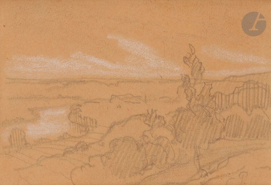 Camille PISSARRO (1830-1903)
Paysage
Dessin à la mine de plomb et rehauts de craie blanche.
Monogrammé en bas à droite.
10,5 x 15 cm