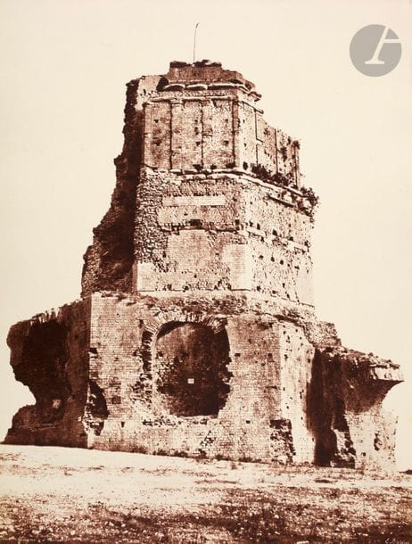 Édouard Baldus (1813-1889)
Nîmes, 1853.
Tour Magne.
Épreuve sur papier albuminé, d’après négatif papier, contrecollée sur carton, signée, légendée et numérotée « N°7 » dans le négatif en bas. Tampon-signature du photographe et tampon de la légende sur le montage en bas.
43,5 x 33 cm

Bibliographie :
Malcolm Daniel, The Photographs of édouard Baldus, Metropolitan Museum of Art, New York, 1994, pl. 15.