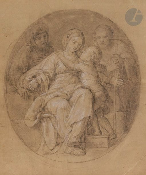 école française du XIXe siècle
études de femmes jouant d’un instrument de musique ; élégante ; étude de portraits ; femmes dans un paysage ; études de nymphe ; tondo ; Vierge à l’enfant entourée de deux personnages
Lot de 7 dessins en feuille (sanguine, crayon, encre et lavis d’encre, pierre noire et craie).
Formats divers
On joint une école italienne du XVIIIe siècle, Scène biblique, sanguine rehaussée de craie, feuille (19,5 x 23,5 cm)