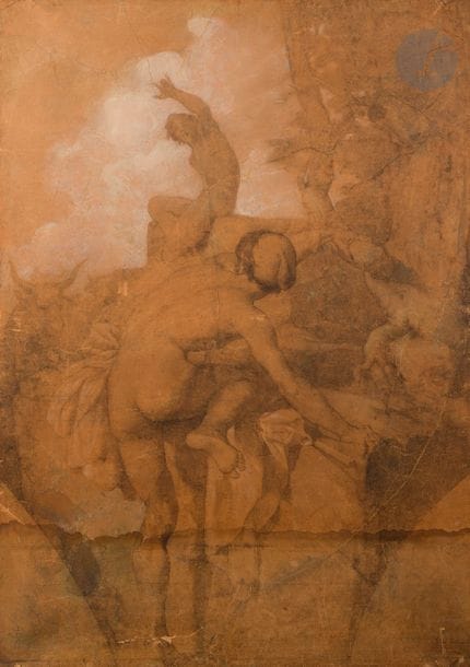 École Française du XIXe siècle
Deux hommes fuyant un troupeau de taureaux
Fusain et craie blanche 
Papier marouflé sur toile 
Nombreuses déchirures, manques, pliures et mouillures
175 x 123 cm