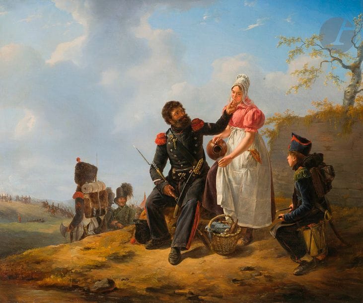 Jean Henri DECOENE 
(Nederbrackel 1798 - Bruxelles 1866)
Le repos pendant la bataille
Toile 
53 x 64 cm
Signée et datée en bas à droite : Henri Decoene /1832