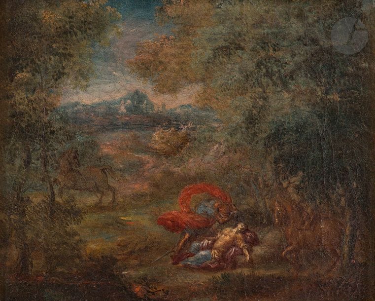 École FLAMANDE du XVIIe siècle,entourage de Geex de LAVALLEE
Paysage animé de soldat 
Baptême de Clorinde par Tancrède
Paire de toiles d’origine 
15,5 x 19 cm
Restaurations anciennes