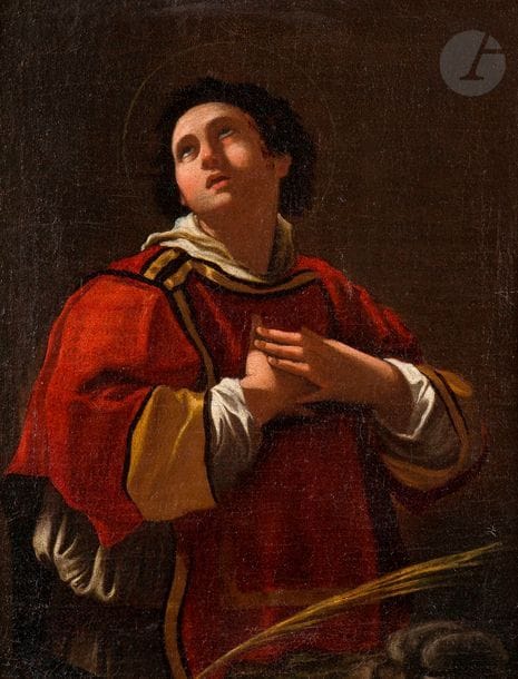 Attribué à Charles MELLIN (1597 - 1649)
Saint Diacre martyr ou saint étienne
Toile 
39 x 31 cm
Restaurations anciennes 
Notre toile est très proche des deux saints diacres martyrs (probablement saint Abondance et saint étienne) de Mellin conservés au Palais Royal de Madrid et au Monastère royal de San Lorenzo de l’Escurial (deux versions du second sont connues, une au musée des Beaux-arts de Valenciennes et l’autre, coupée à mi-buste en collection particulière à Rome ; voir Phlippe Malgouyres, catalogue de l’exposition Charles Mellin un lorrain entre Rome et Naples, Nancy et Caen, 2007, p. 142 à 145) et proche aussi d’autres peintures du peintre lorrain actif en Italie (le visage de saint Dominique par exemple, op. cit. p.100).