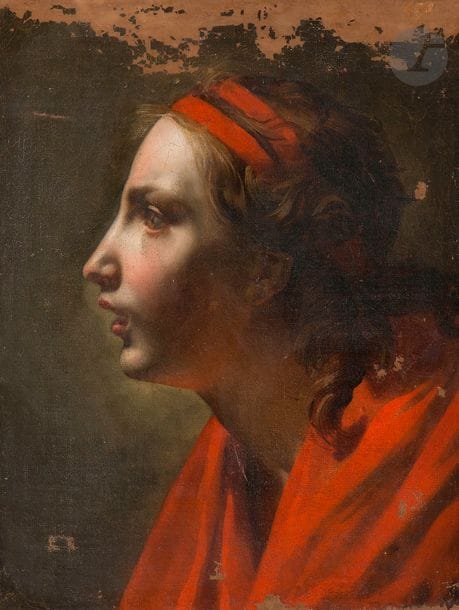 École française vers 1800
Étude de tête de femme regardant vers le haut 
Toile 
46 x 37,5 cm
Manques et accidents 
Sans cadre
